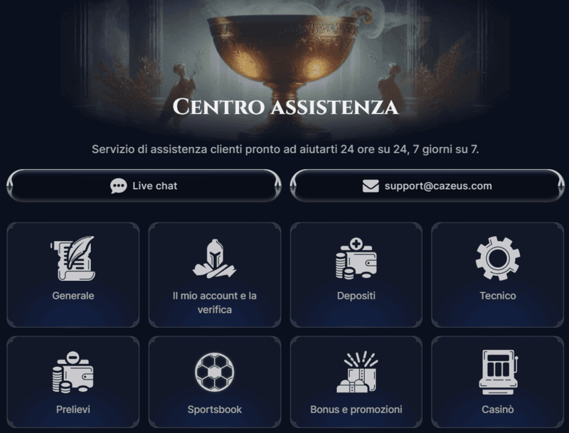 Centro assistenza clienti di Cazeus Casino con supporto live chat e email