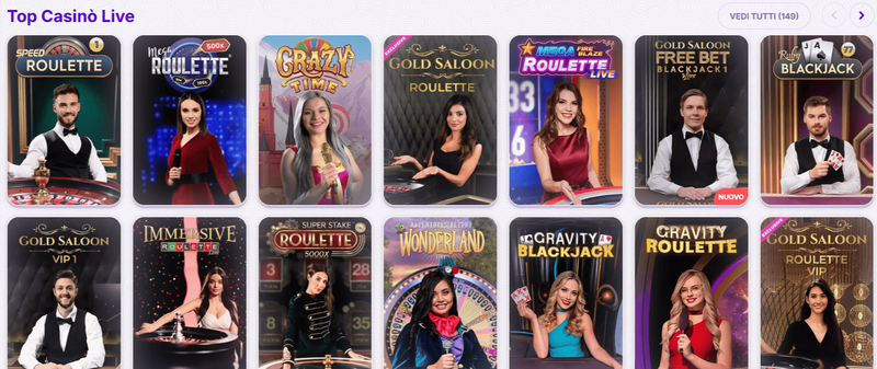Sezione dei giochi live di RoboCat Casino con veri croupier