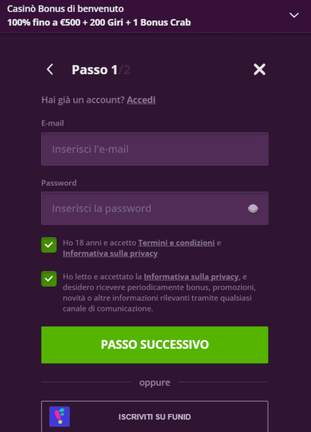 Modulo di registrazione su Malina Casino con bonus di benvenuto fino a 500€ e 200 giri gratis