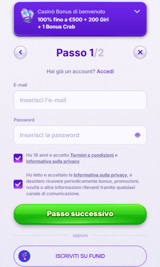 Form di registrazione su RoboCat Casino per nuovi utenti