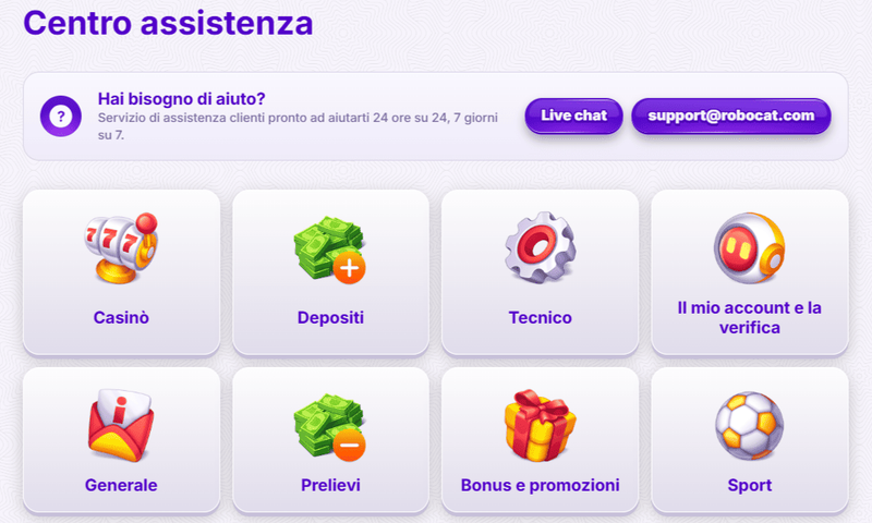 Centro assistenza clienti di RoboCat Casino con live chat ed email